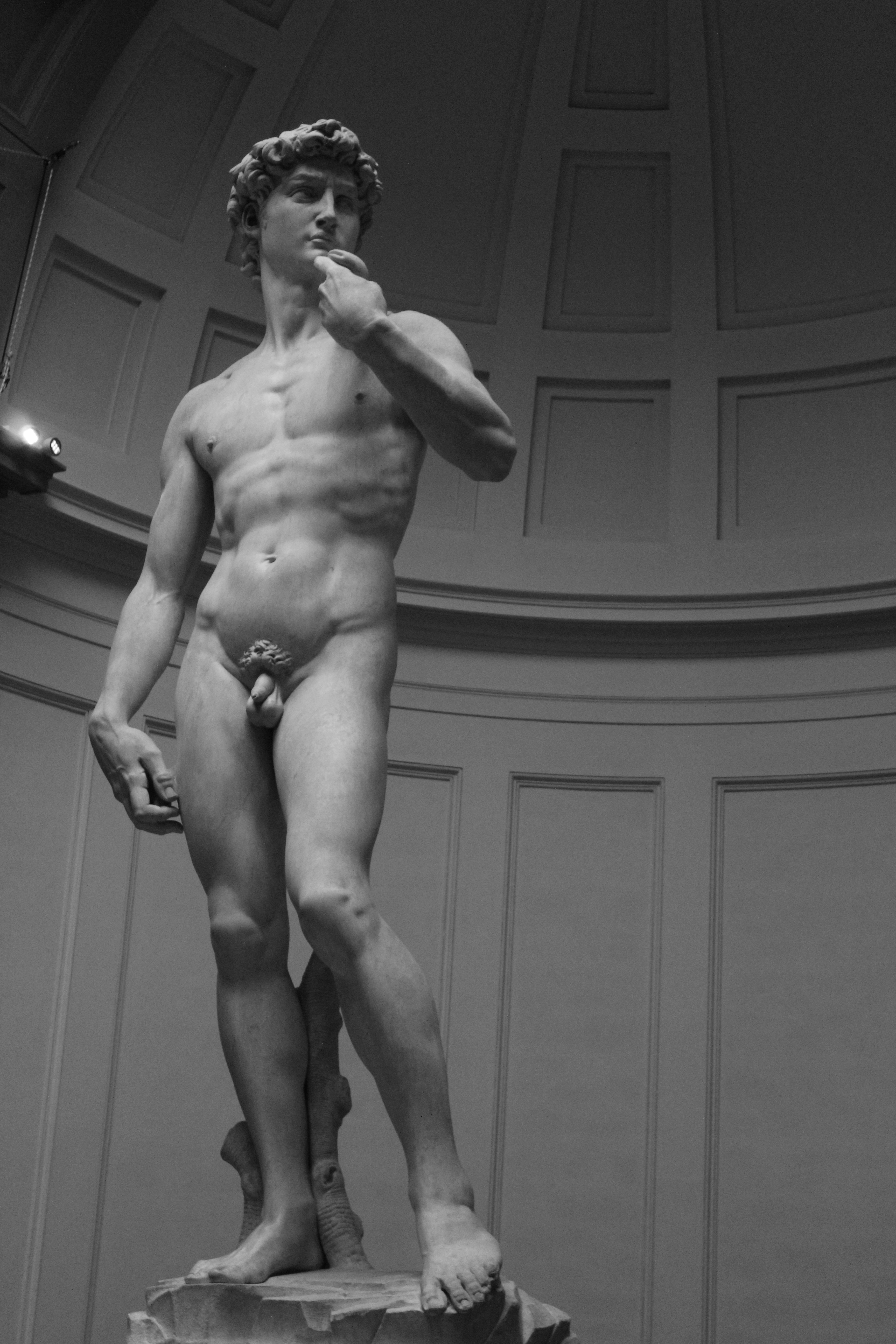 Michelangelo's David marble sculpture viewed from below, Galleria dell'Accademia, Florence, Italy
