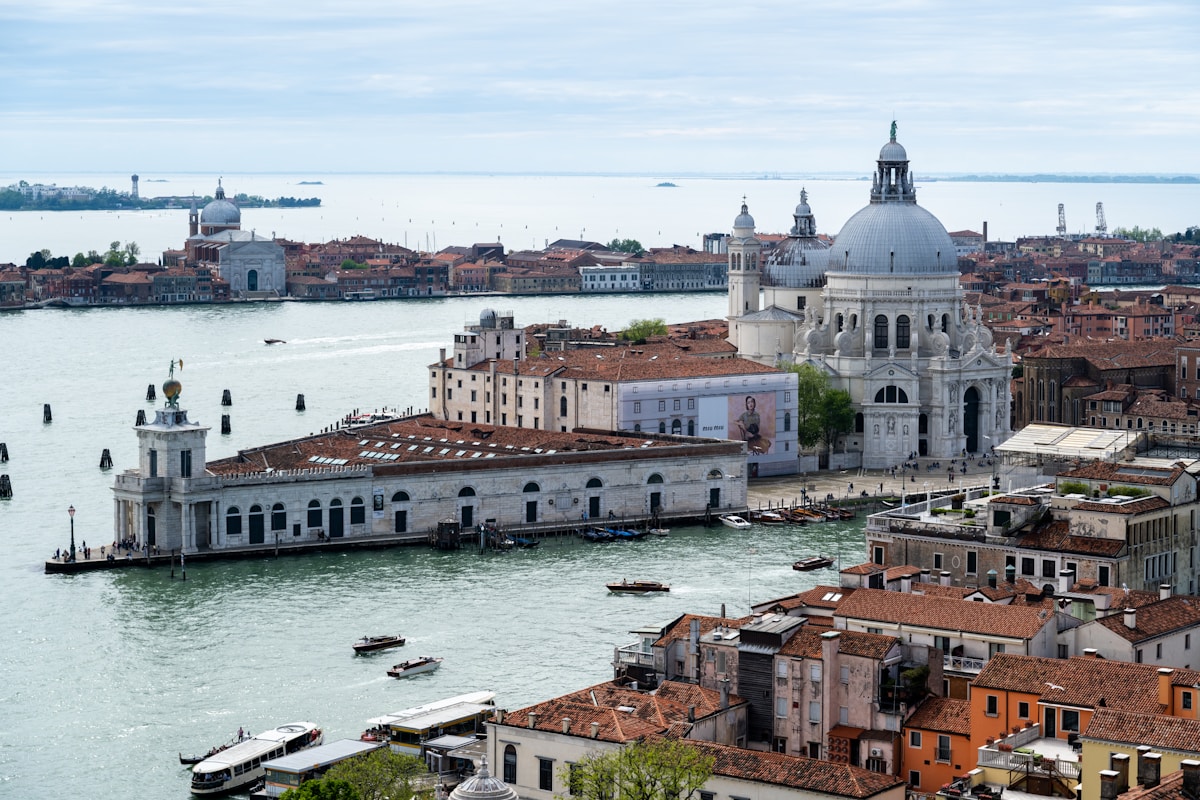Aerial view of Venice Grand Canal with Santa Maria della Salute and surrounding buildings, Italy