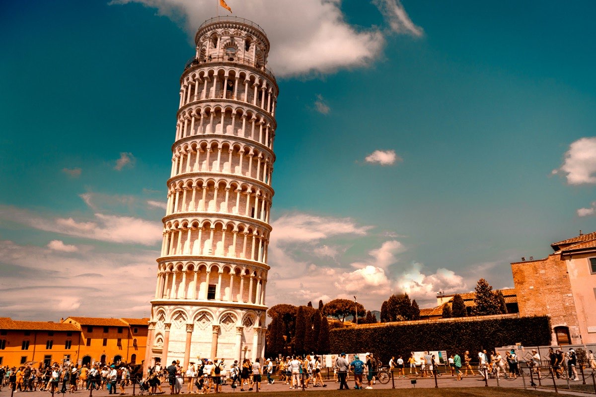 The Leaning Tower of Pisa rising above the Piazza dei Miracoli, Tuscany, Italy