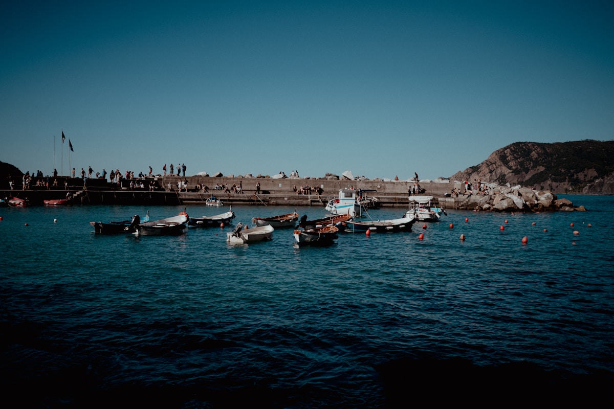 Fishing boats moored in Vernazza harbour, Cinque Terre, Italy