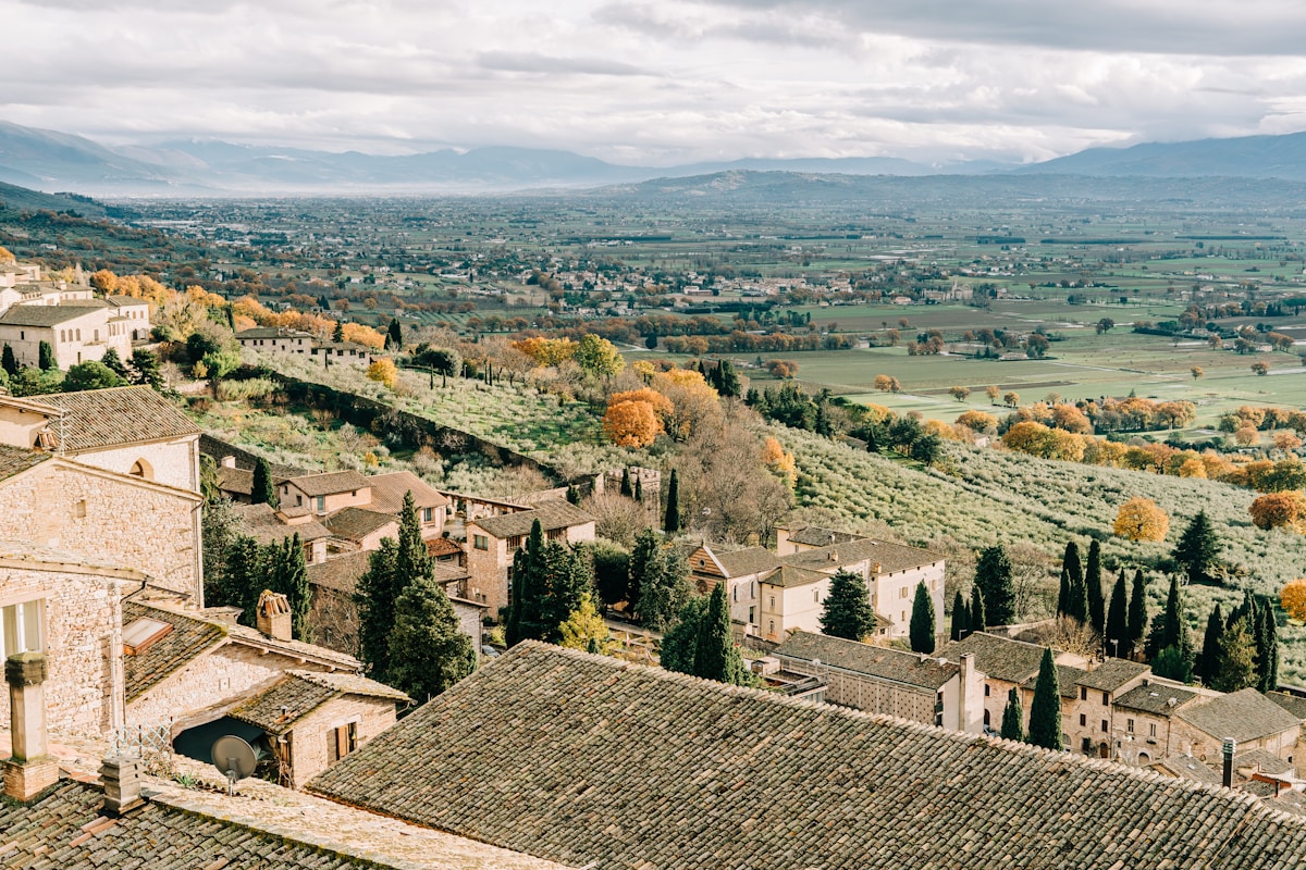 Aerial view of Assisi hillside town with stone rooftops and autumn trees, Umbria, Italy