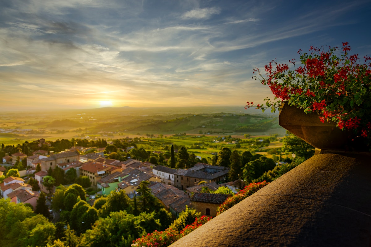 Aerial view of Italian coastal town, Bertinoro, Emilia-Romagna, Italy