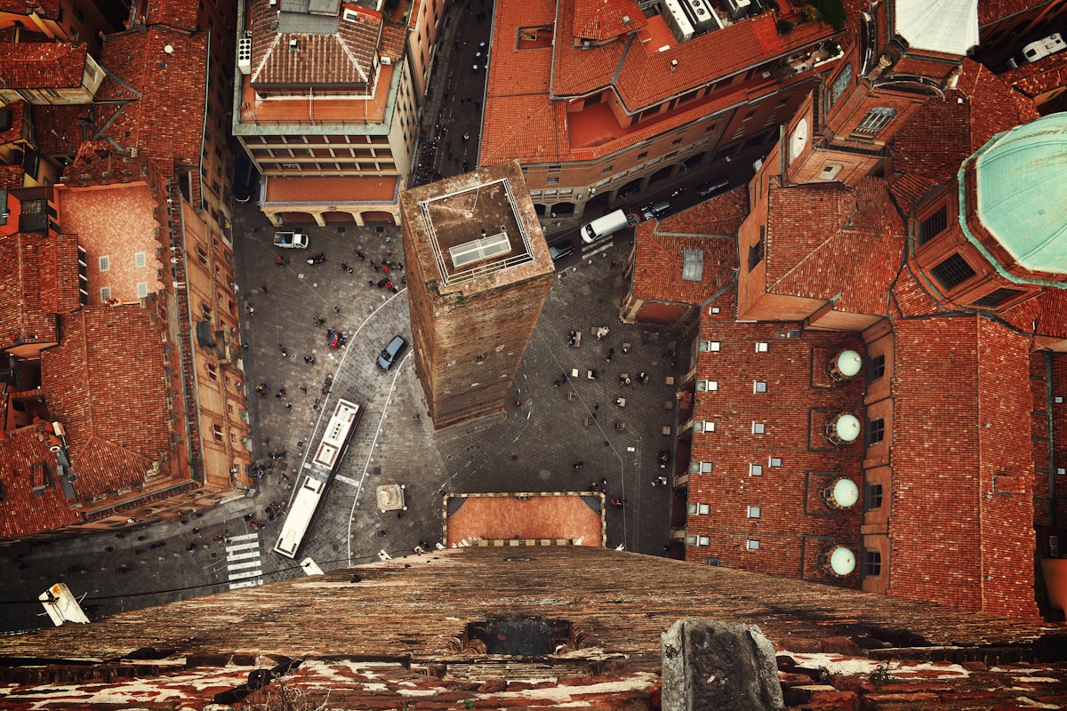 Aerial view of Bologna city rooftops and towers, Emilia-Romagna, Italy