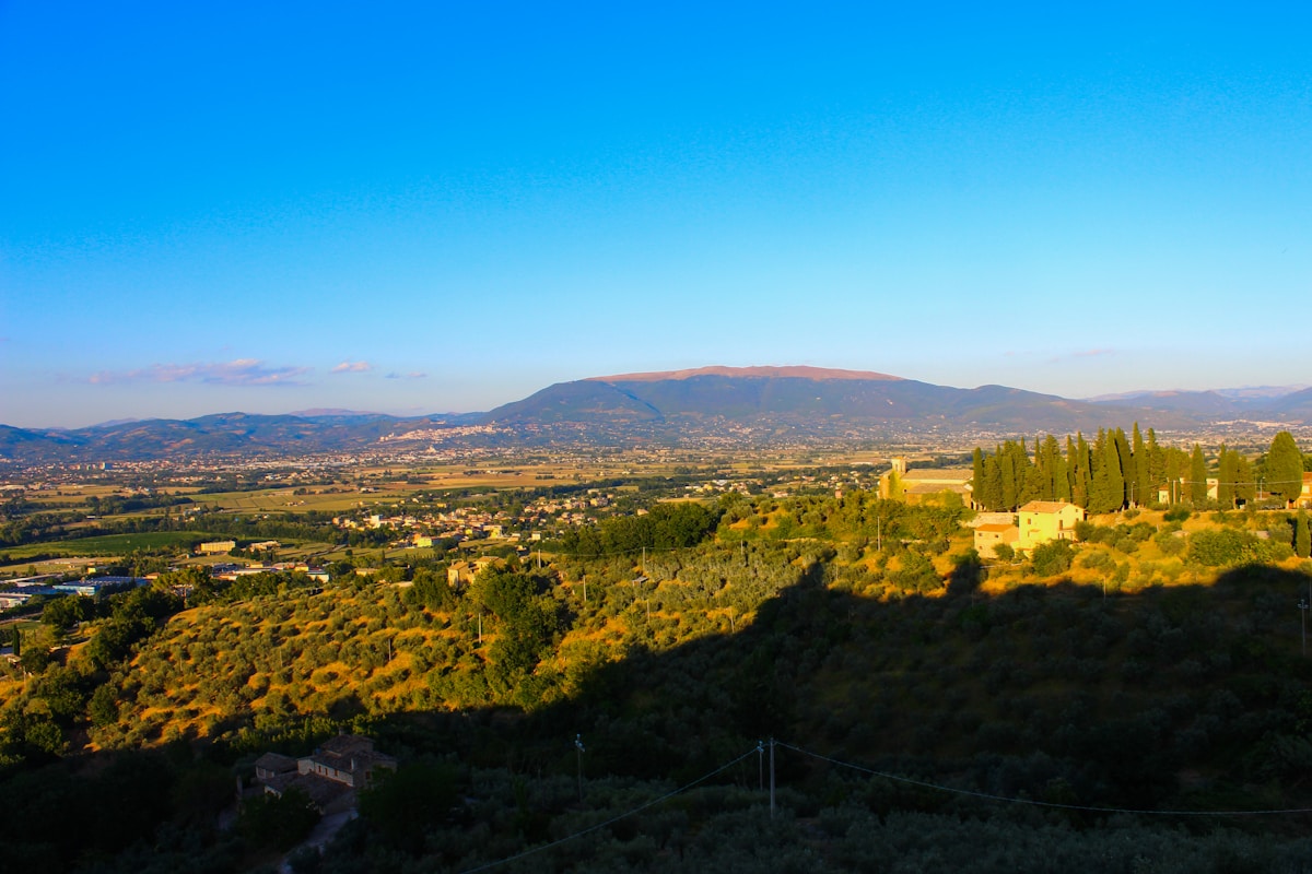 The Umbrian valley below Assisi with cypress trees and rolling countryside, Italy
