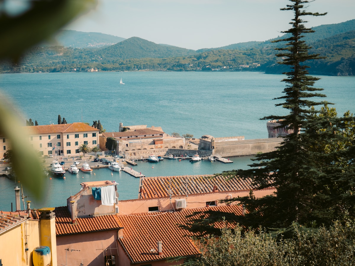 Portoferraio harbour from above with boats moored, historic fortifications and blue water, Elba island, Tuscany, Italy