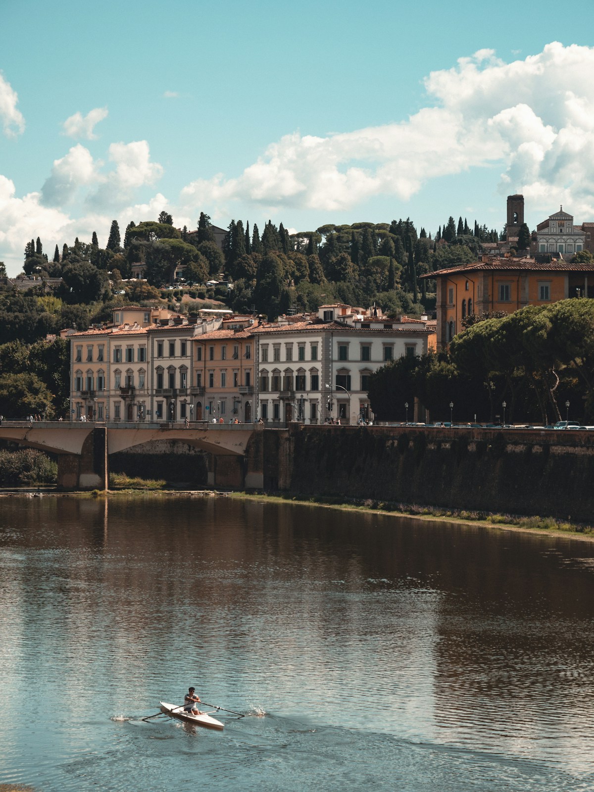 Rower on the Arno river with Florence buildings and hillside in the background, Tuscany, Italy