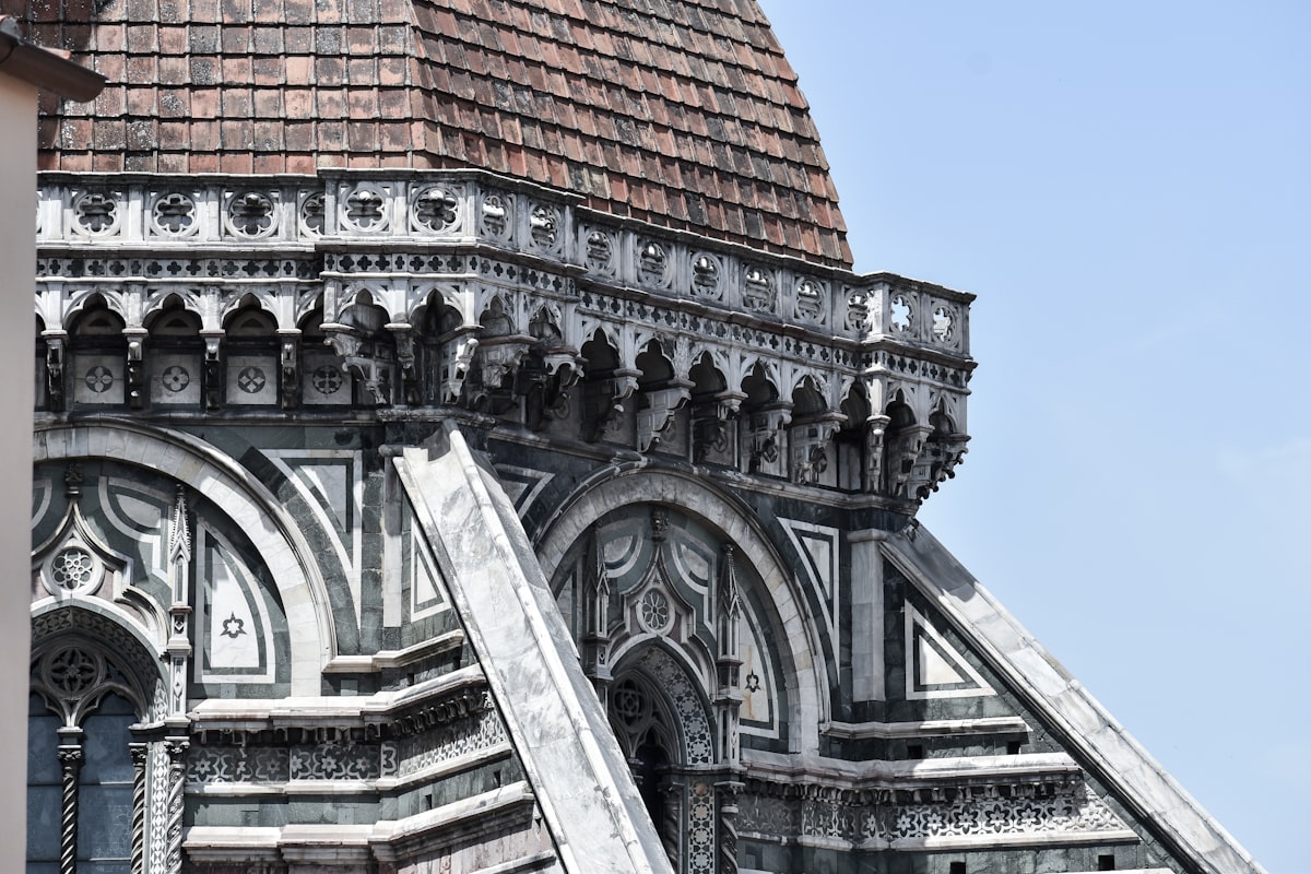 Close-up of Brunelleschi's terracotta dome on the Florence Cathedral showing intricate marble details