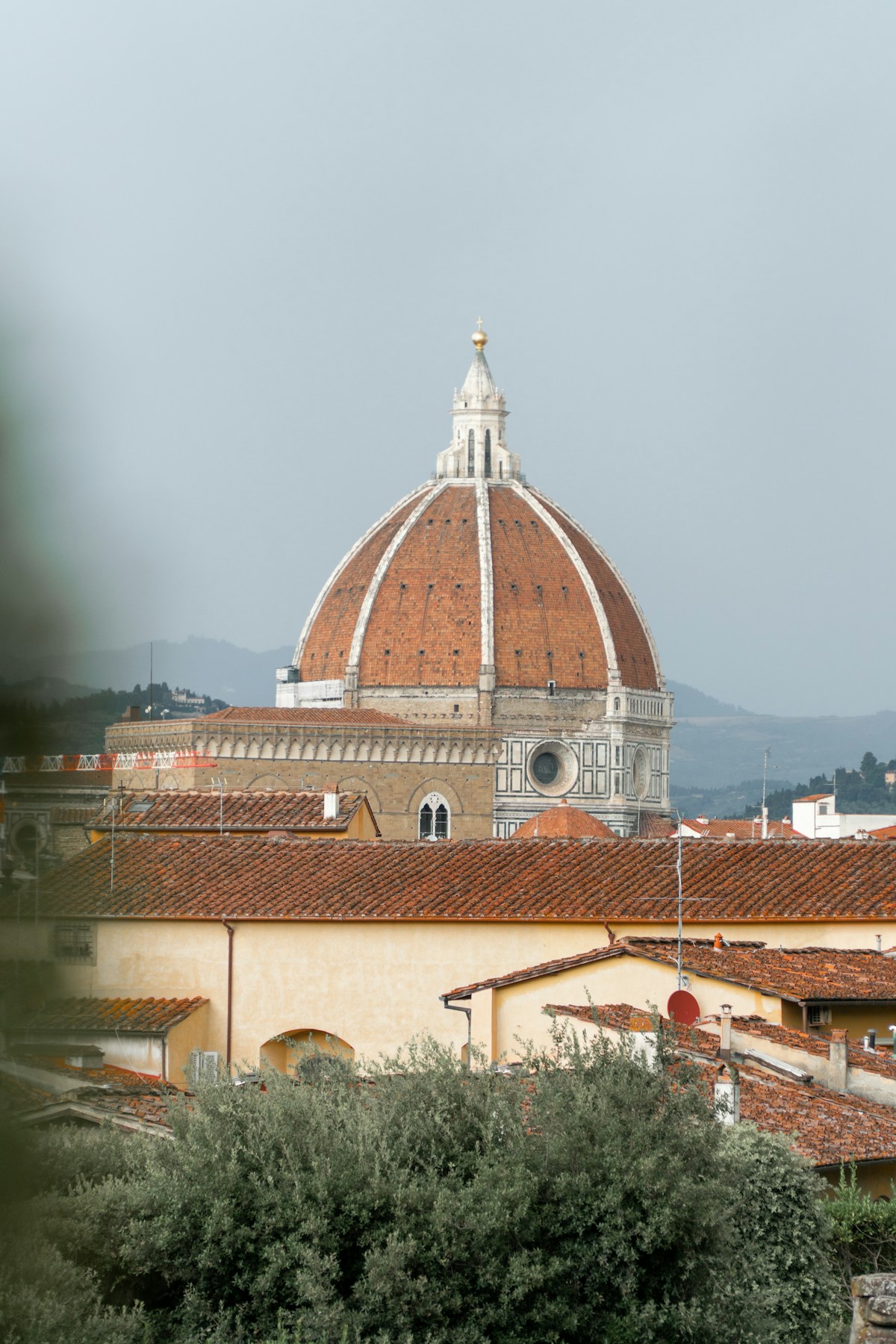 Florence cathedral dome viewed over tiled rooftops, Italy
