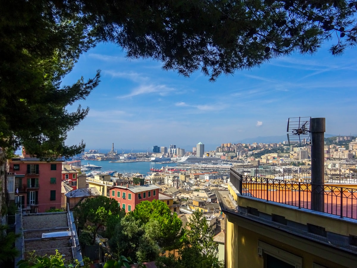 Genoa harbor and cityscape viewed from the hills above the city