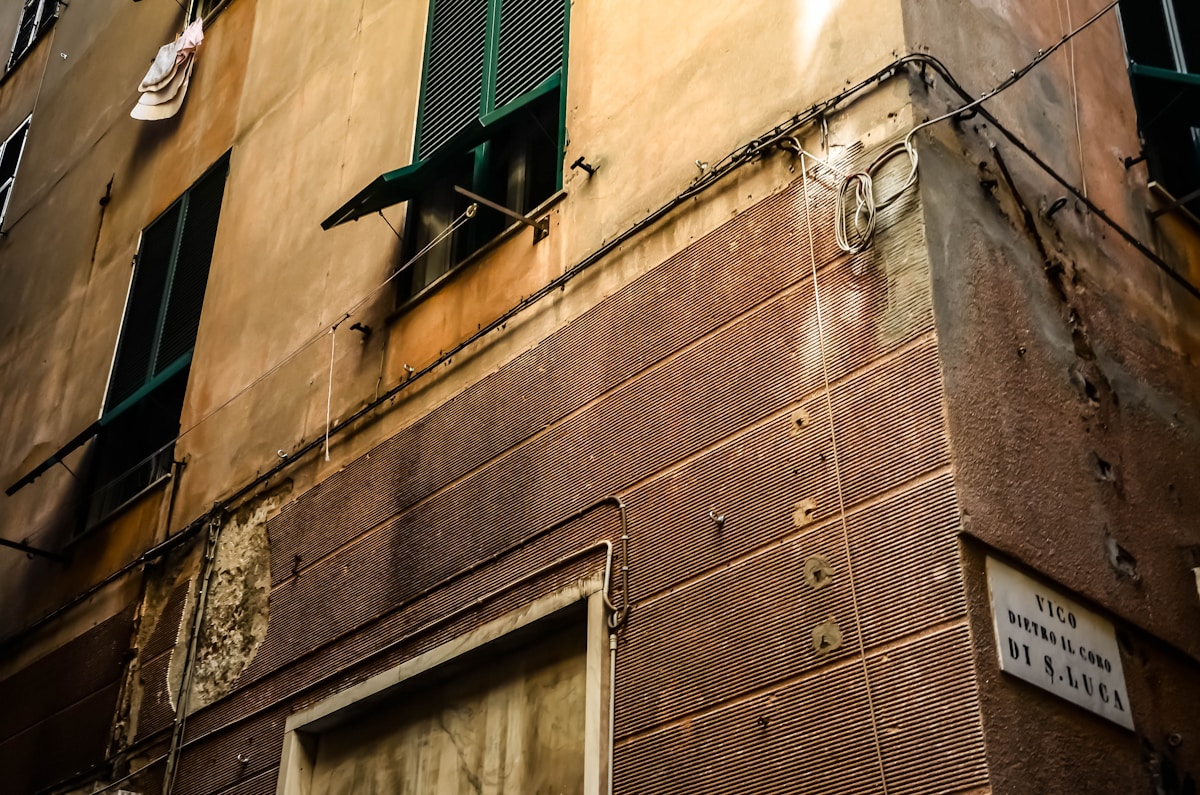 Ornate building facade with balconies, Genoa, Liguria, Italy