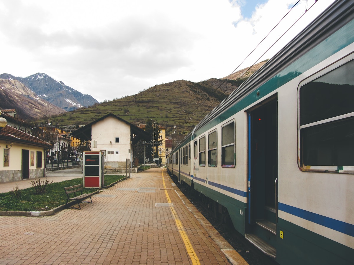 Italian train at a mountain station in Bardonecchia, Italy
