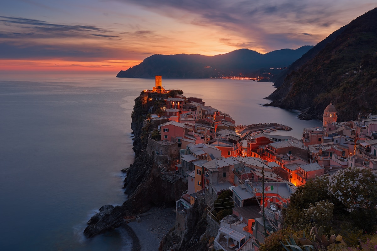 Vernazza village on cliff at sunset, Cinque Terre, Liguria, Italy