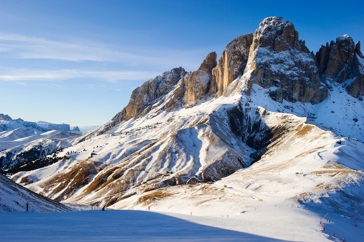 Snow-covered Dolomites mountains in Val Gardena, northern Italy