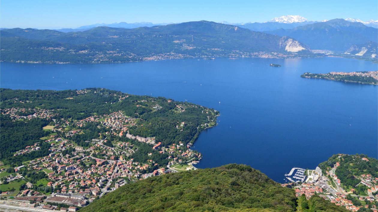 Aerial view of Lake Maggiore with the Borromean Islands and Alpine peaks in the distance, northern Italy