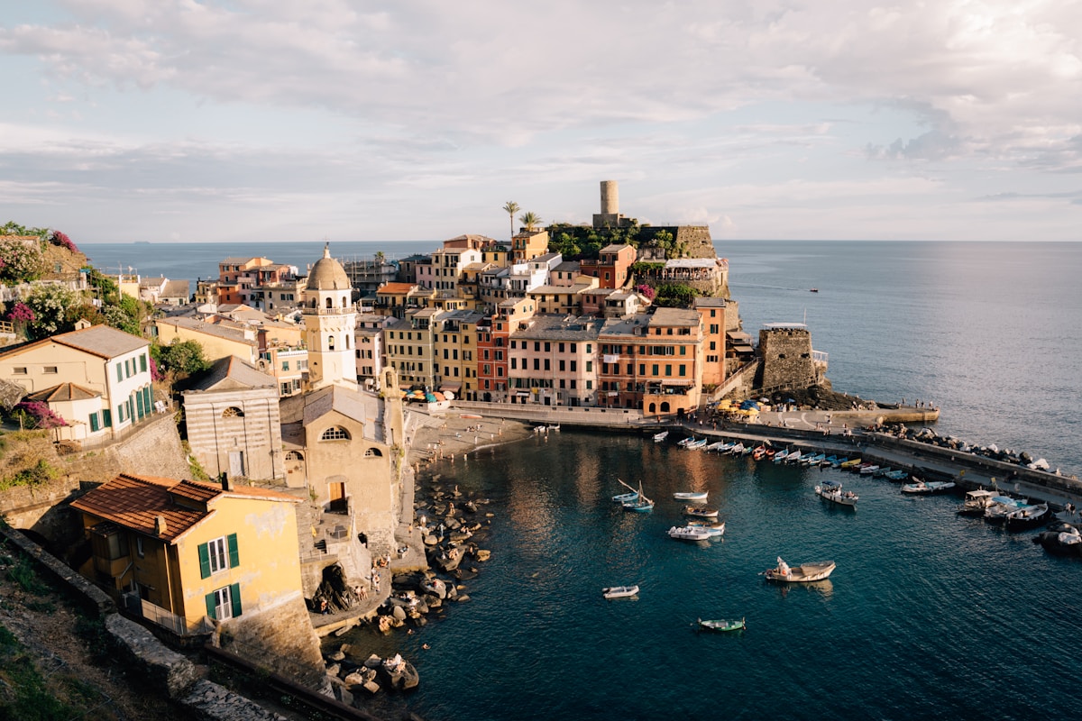 Aerial view of a small Cinque Terre coastal village, Liguria, Italy