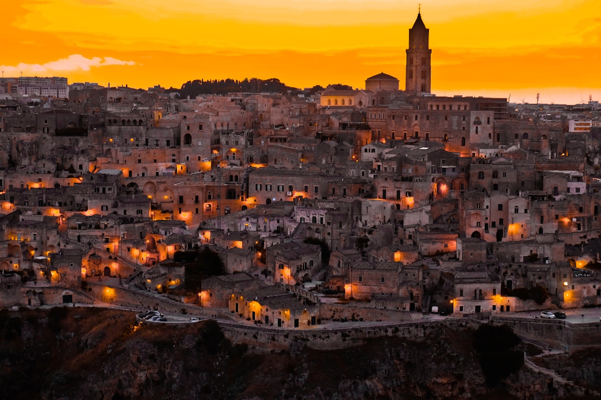 Illuminated ancient town of Matera at night, Basilicata, Italy