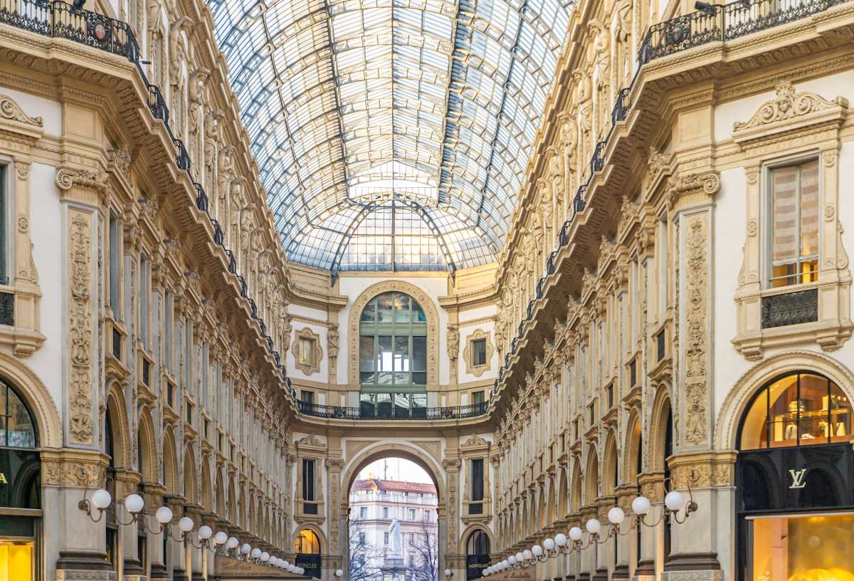 Interior of the Galleria Vittorio Emanuele II with glass roof, Milan, Italy