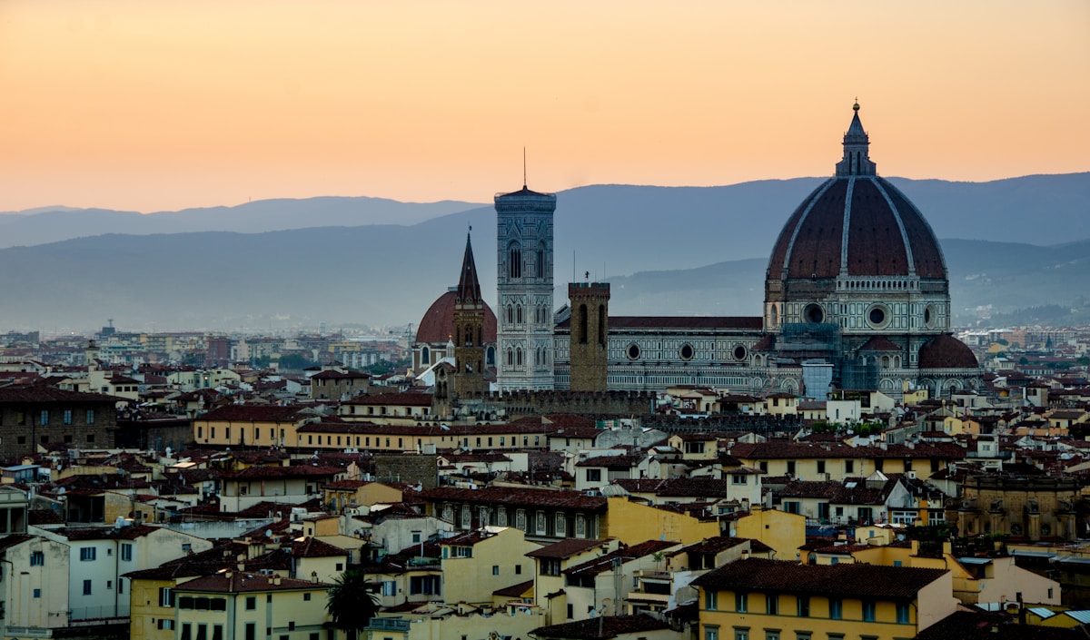 Florence cityscape at dusk with the Duomo and Giotto's Campanile, Tuscany, Italy