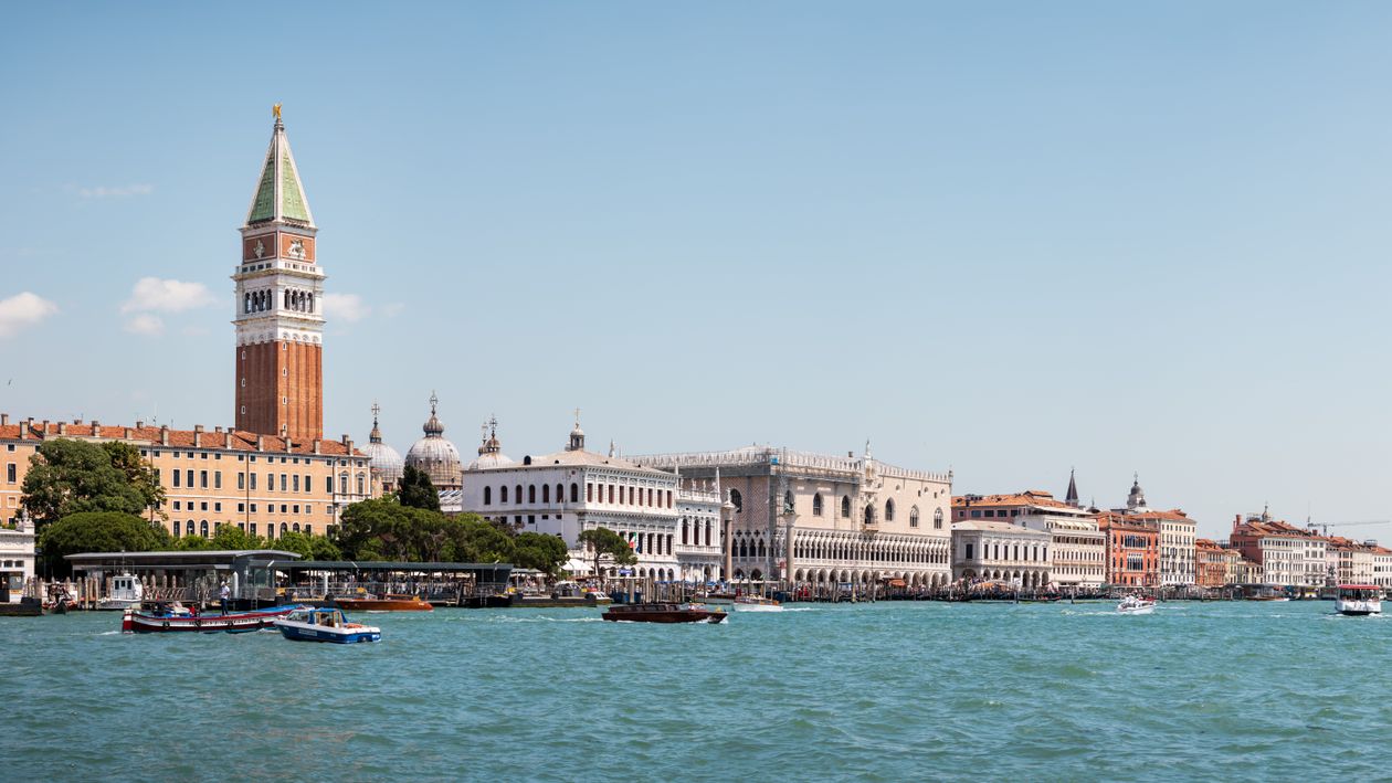 Venice waterfront with the Campanile bell tower and Doge's Palace from the Grand Canal, Italy