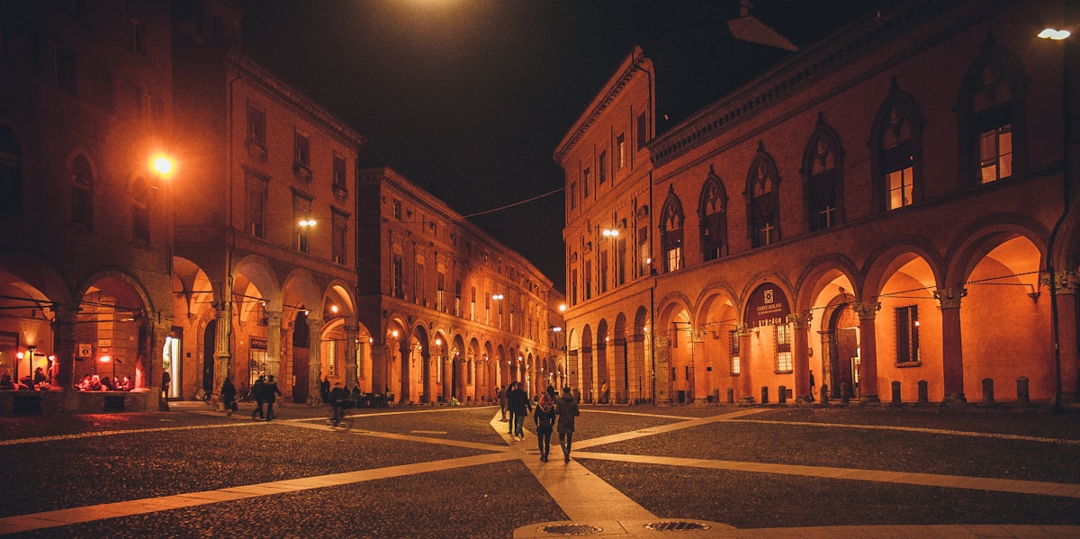 Bologna's terracotta rooftops and famous porticoes viewed from the Torre degli Asinelli, Emilia-Romagna, Italy