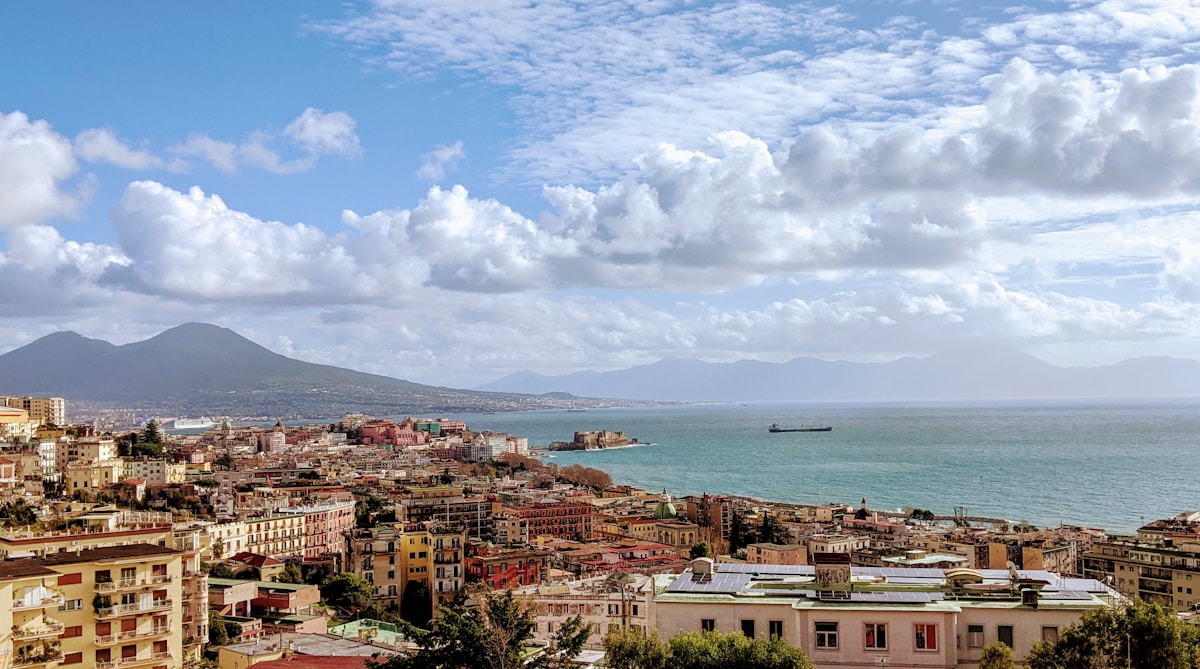 View across the Bay of Naples with Vesuvius in the background from the Chiaia waterfront