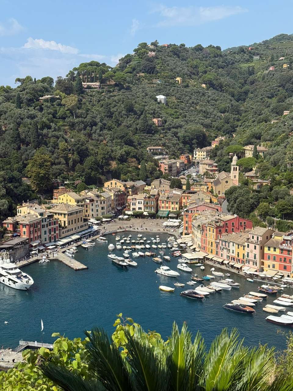 Aerial view of Portofino's colourful harbourside buildings and yacht-filled bay on the Ligurian Riviera, Italy